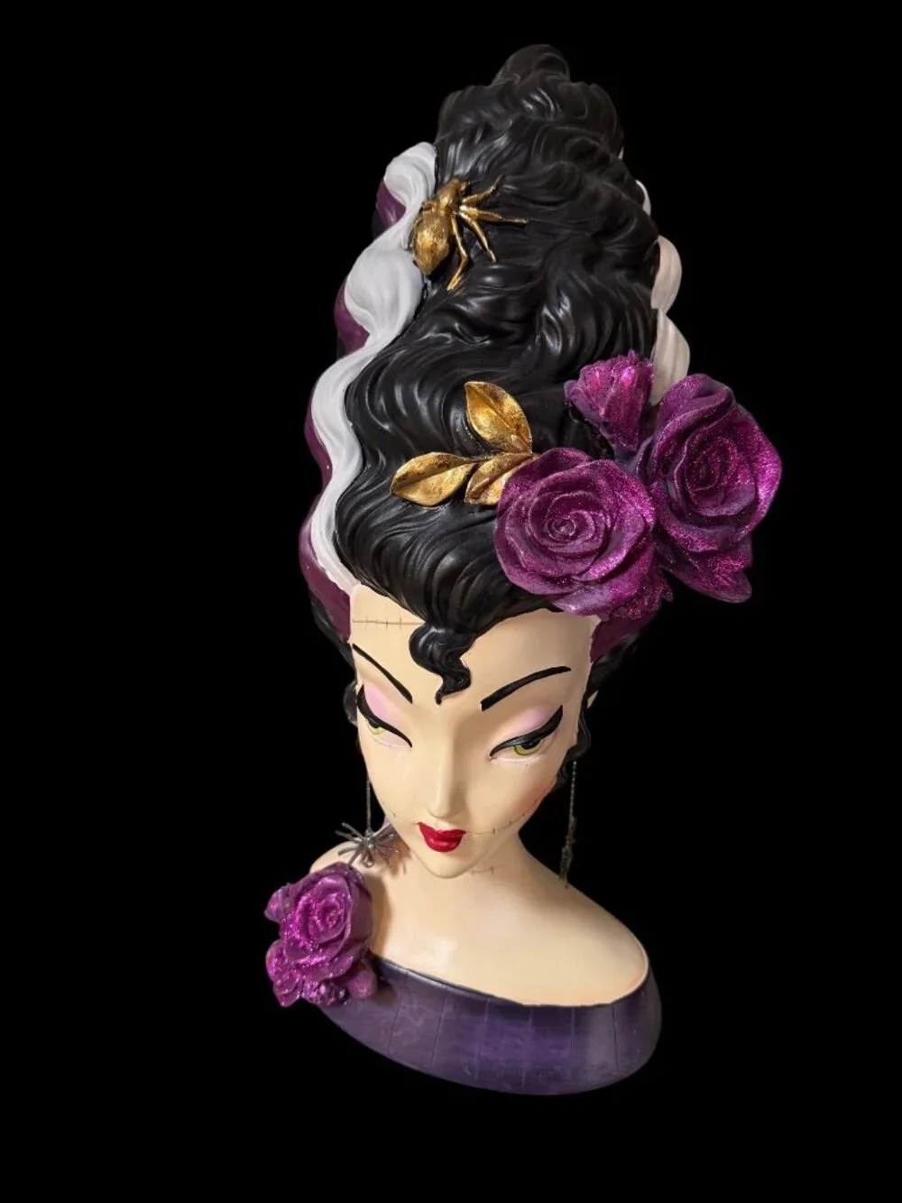 Viral Halloween Bella Lux Bride of Frankenstein Bust Spider Purple Flowers Retro
